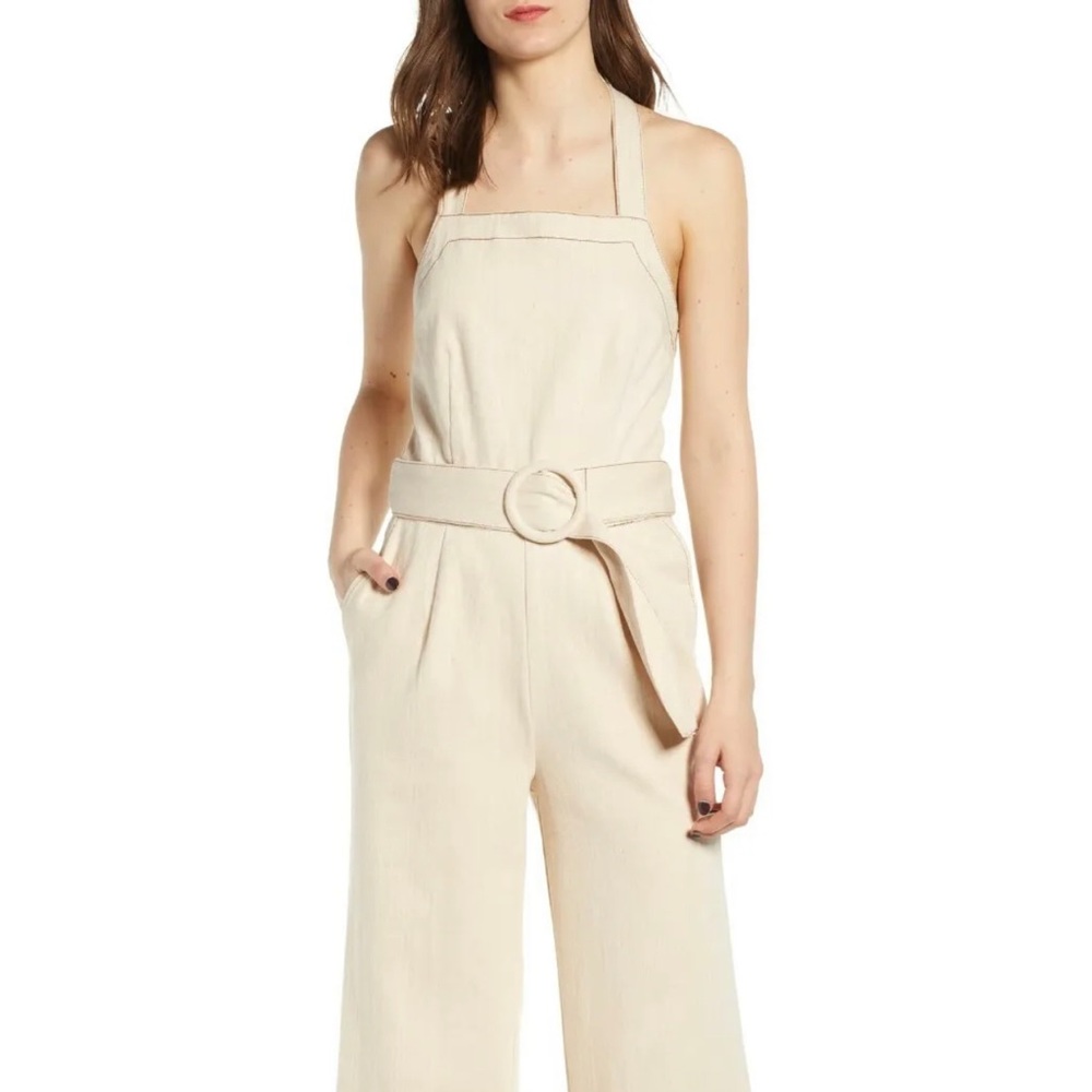Moon River Women's Belted Halter Cream Jumpsuit Size Medium